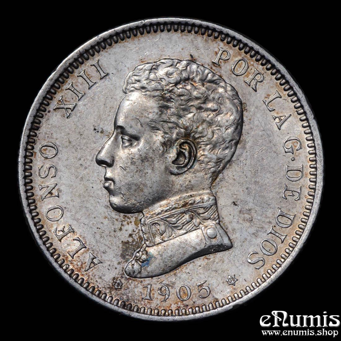 SPAIN, Alfonso XIII, 2 Pesetas 1905 SM-V, aUNC