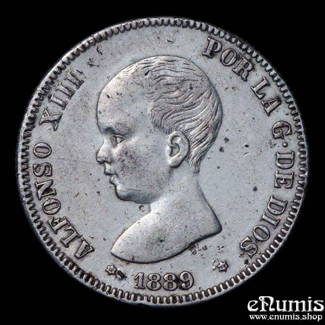 SPAIN, Alfonso XIII, 2 Pesetas 1889 MP-M, VF-XF/XF