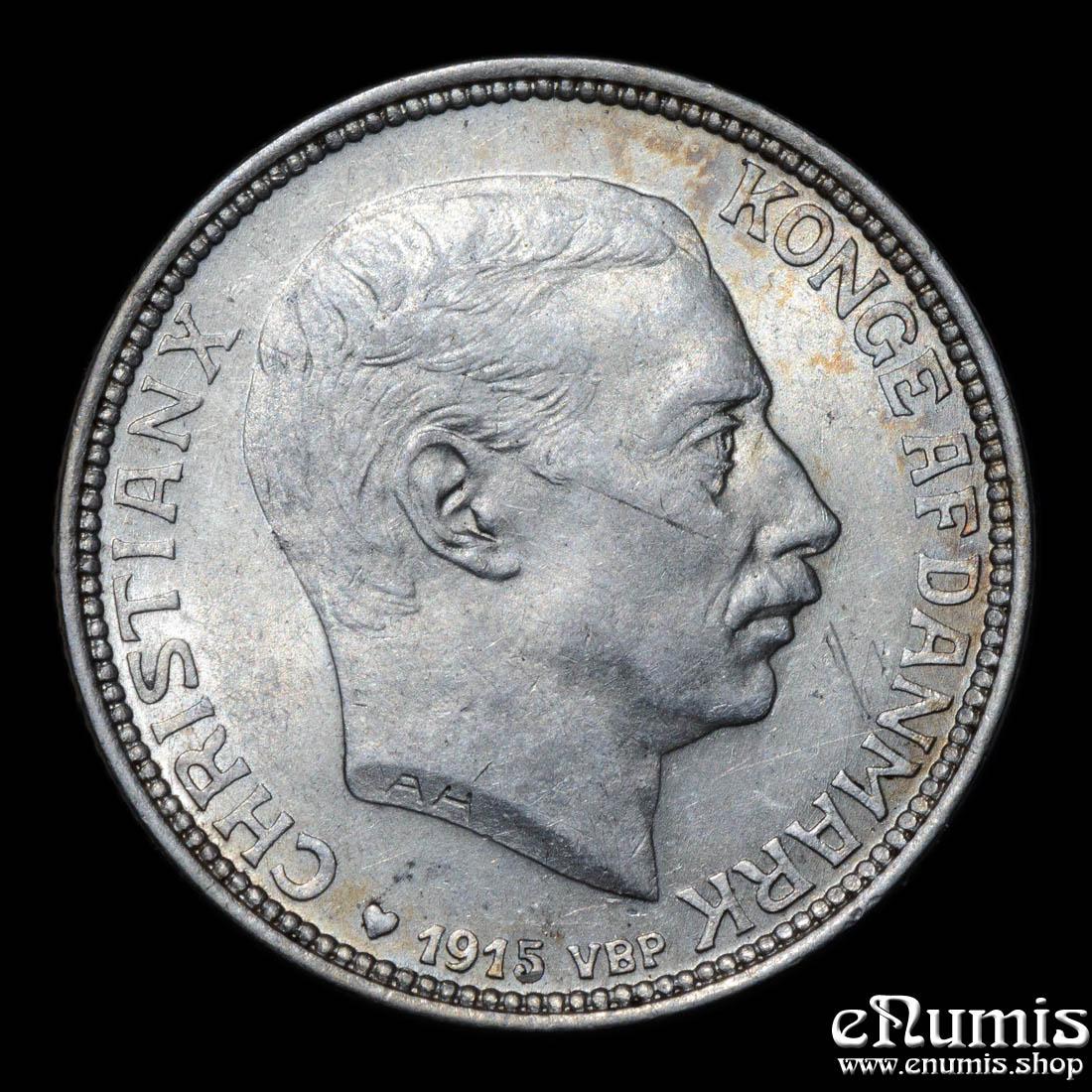 DENMARK, Christian X, 2 Kroner 1915 VBP AH, aUNC/UNC