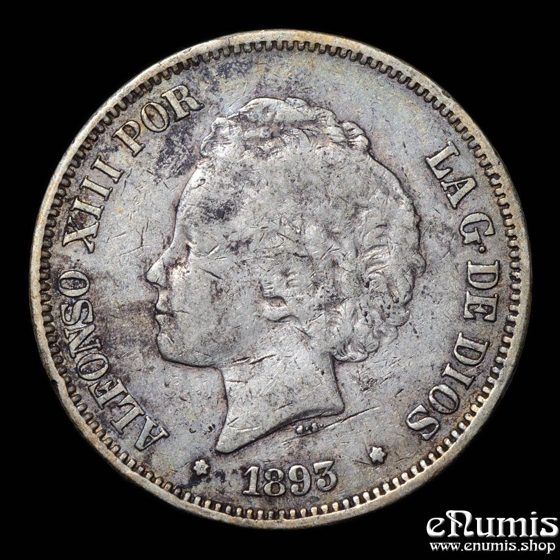 SPAIN, Alfonso XIII, 5 Pesetas 1893 PG-L, VF