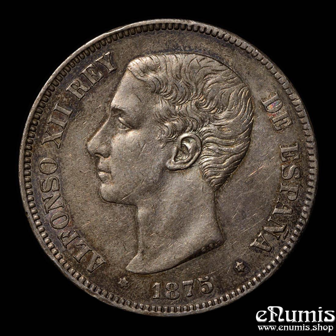 SPAIN, Alfonso XII, 5 Pesetas 1875 DE-M, nicely toned, XF+ SPAIN, Alfonso XII, 5 Pesetas 1875 DE-M, nicely toned, XF+
