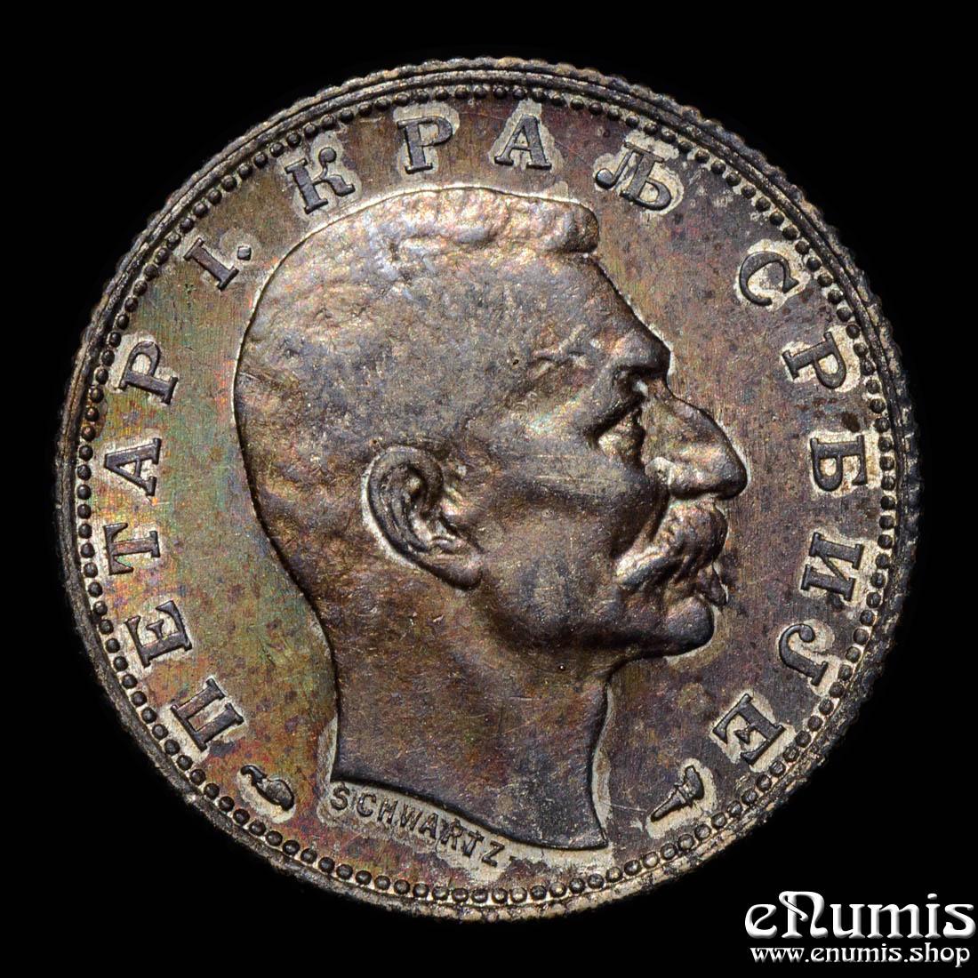 SERBIA, Peter I, 1 Dinar 1915, Coin die alignment, toned, UNC