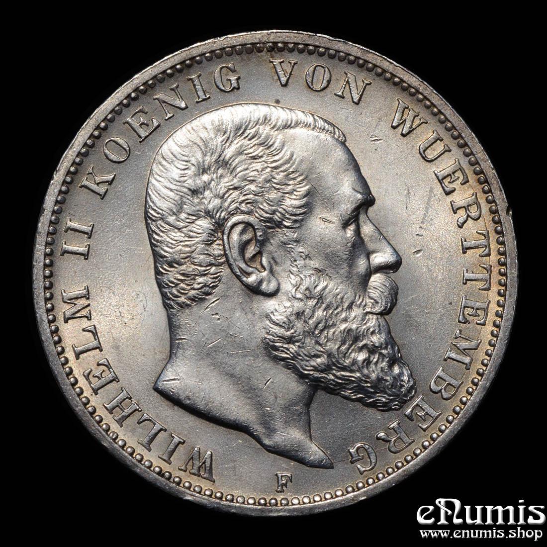 Germany, Wurttemberg, Wilhelm II, 3 Mark 1914, aUNC/UNC Germany, Wurttemberg, Wilhelm II, 3 Mark 1914, aUNC/UNC