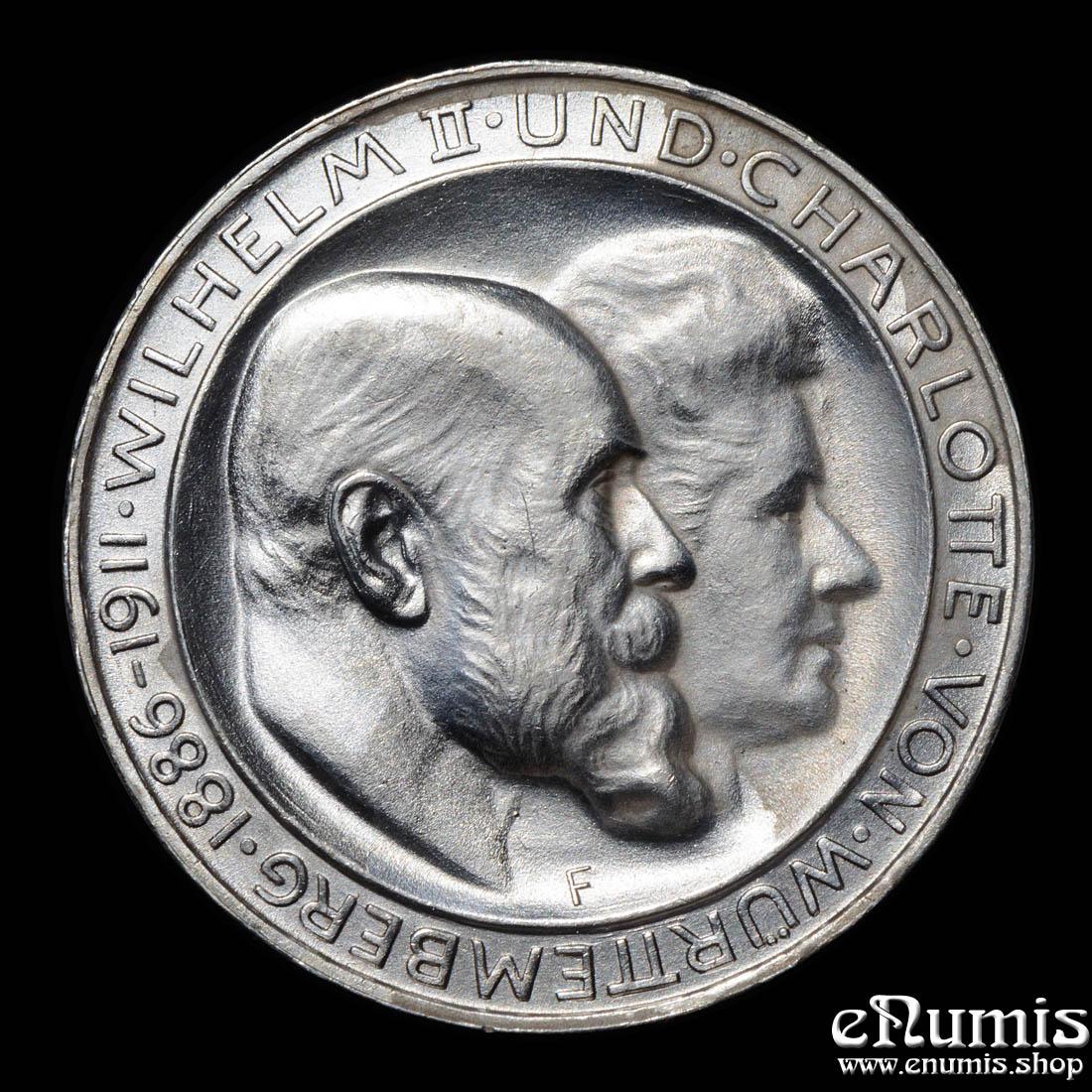 Germany, Wurttemberg, Wilhelm II, 3 Mark 1911, Silver Wedding Anniversary, aUNC Germany, Wurttemberg, Wilhelm II, 3 Mark 1911, Silver Wedding Anniversary, aUNC