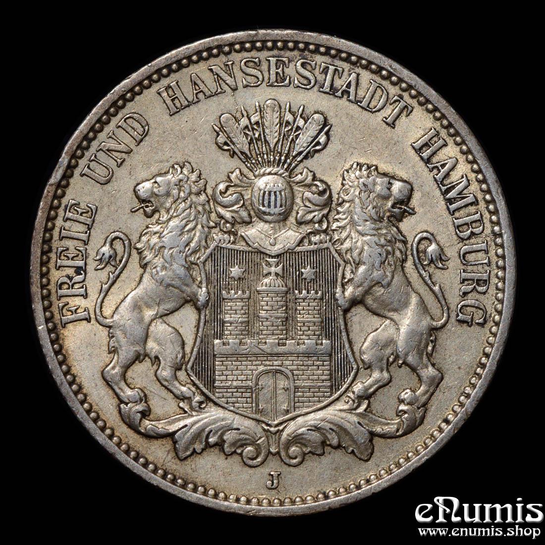 Germany, Hamburg, 3 Mark 1911, XF+