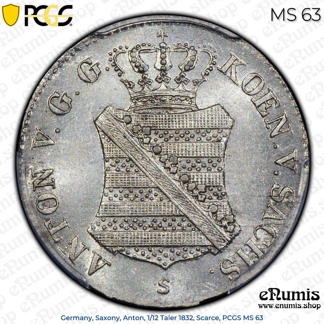 Germany, Saxony, Anton, 1/12 Taler 1832, Scarce, PCGS MS 63