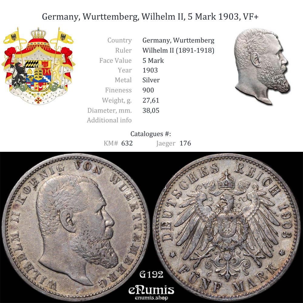 Germany, Wurttemberg, Wilhelm II, 5 Mark 1903, VF+