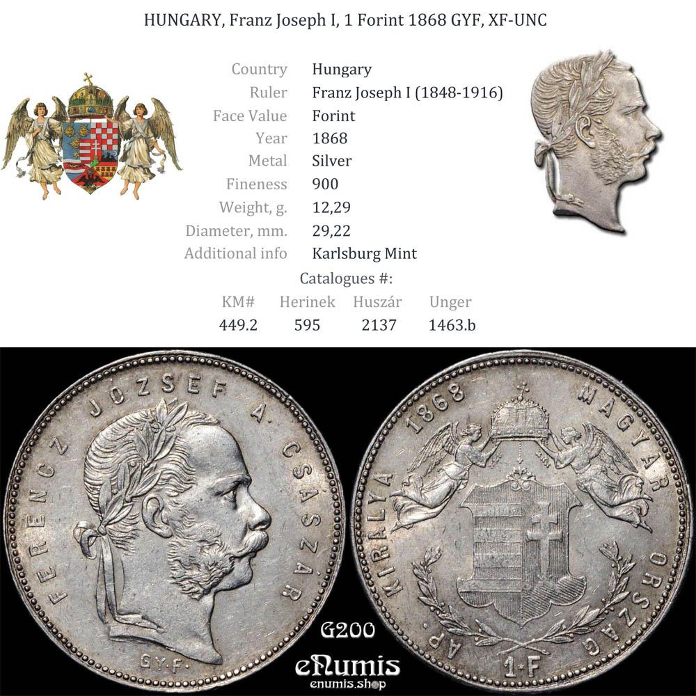 HUNGARY, Franz Joseph I, 1 Forint 1868 GYF, XF-UNC