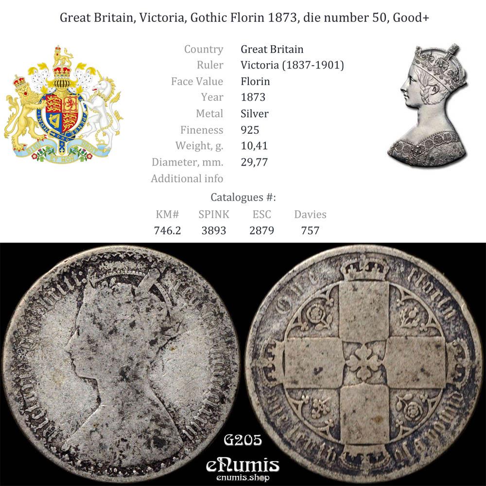 Great Britain, Victoria, Gothic Florin 1873, die number 50, Good+
