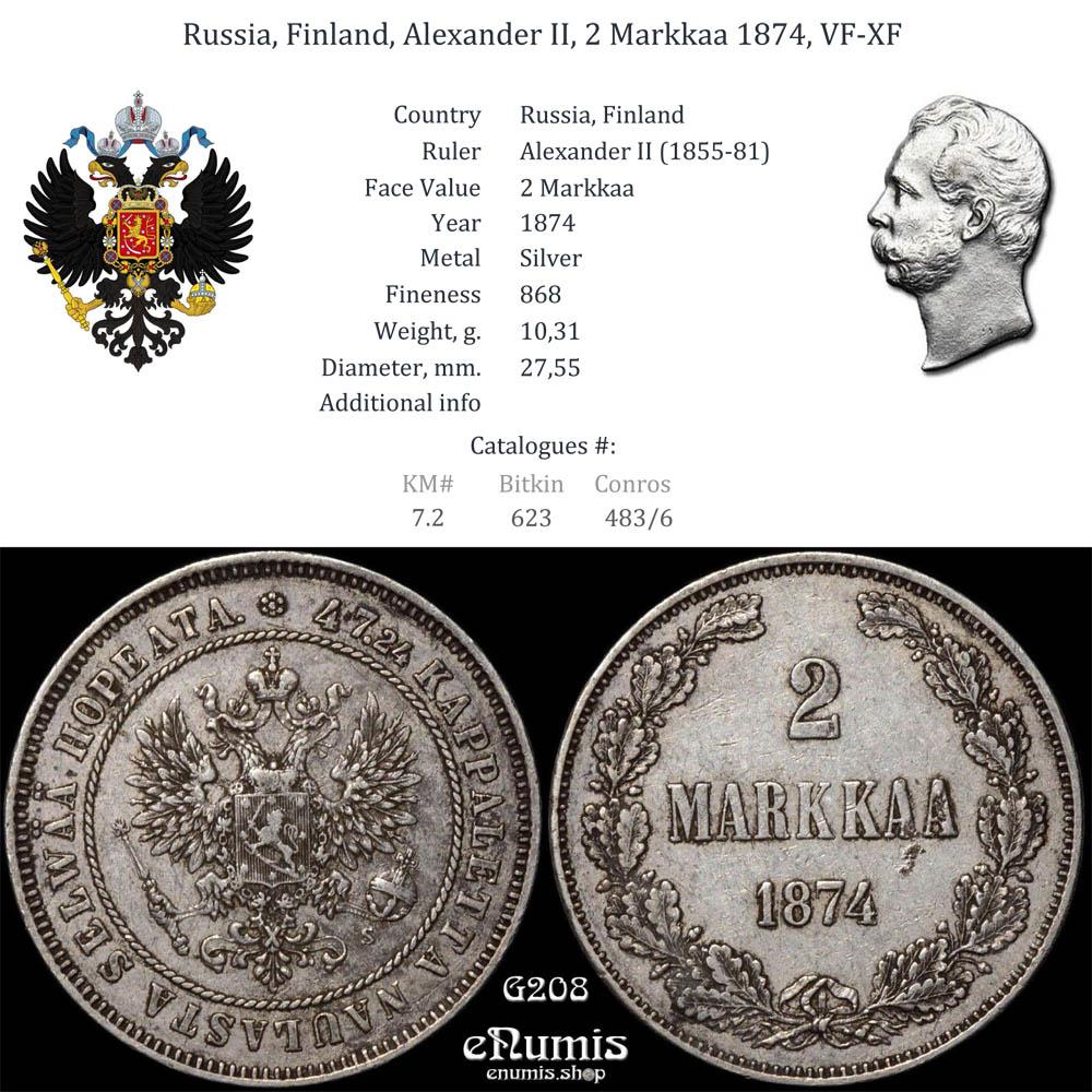 Russia, Finland, Alexander II, 2 Markkaa 1874, VF-XF Russia, Finland, Alexander II, 2 Markkaa 1874, VF-XF