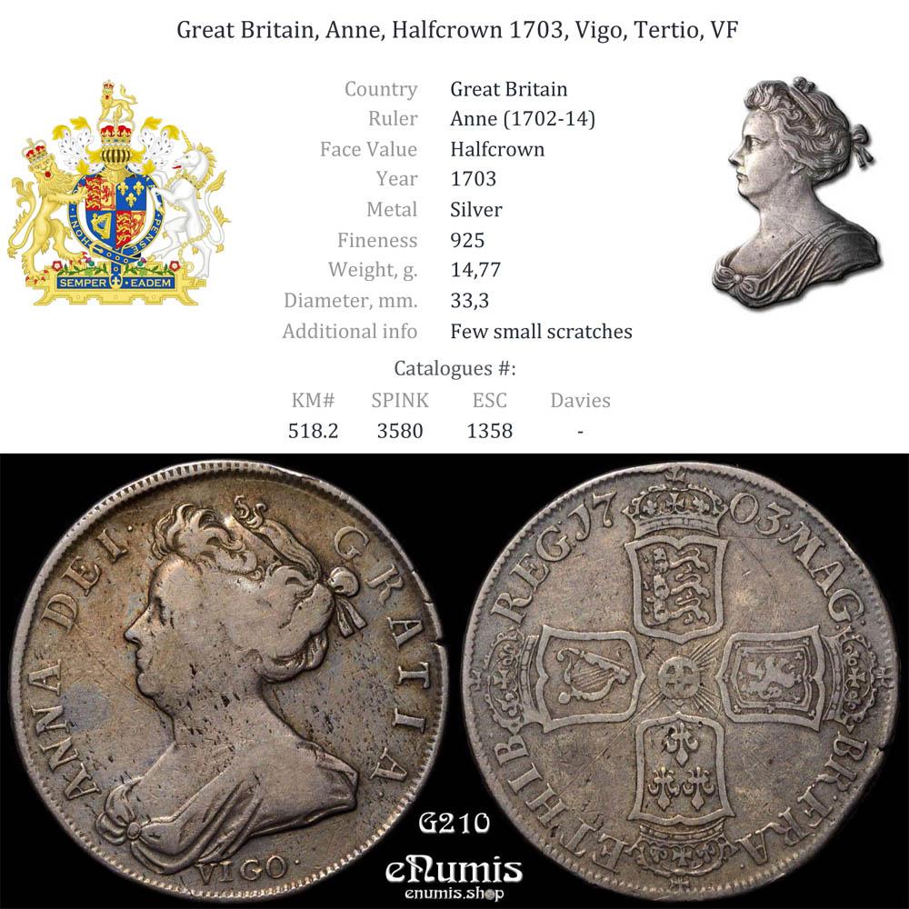 Great Britain, Anne, Halfcrown 1703, Vigo, Tertio, VF