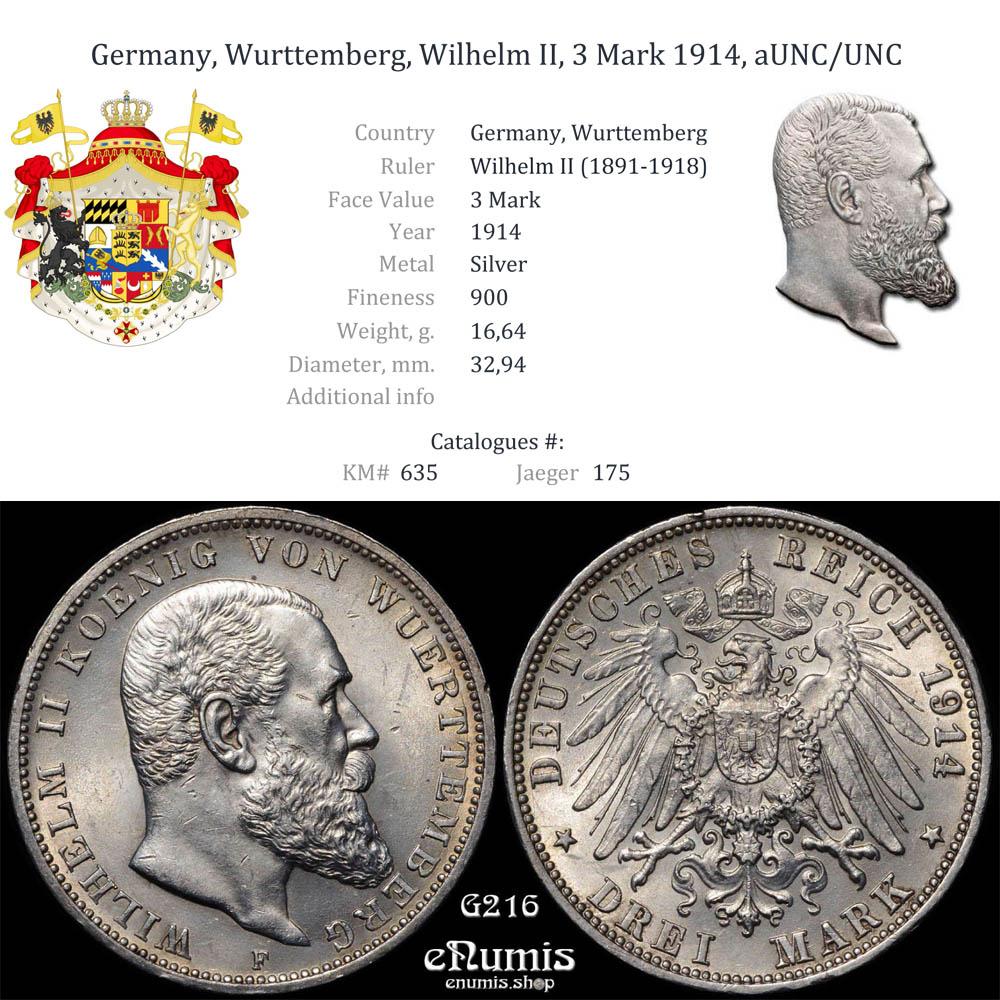 Germany, Wurttemberg, Wilhelm II, 3 Mark 1914, aUNC/UNC Germany, Wurttemberg, Wilhelm II, 3 Mark 1914, aUNC/UNC