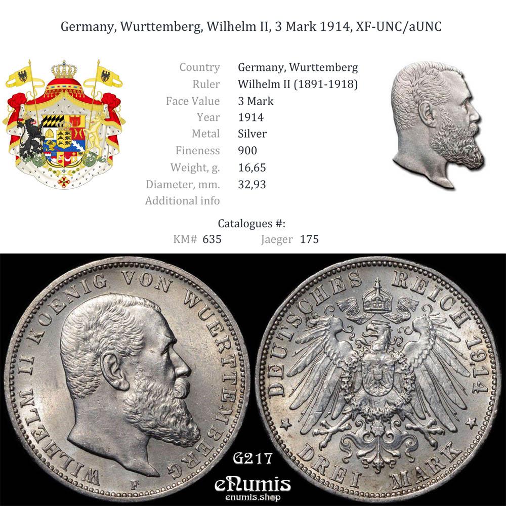 Germany, Wurttemberg, Wilhelm II, 3 Mark 1914, XF-UNC/aUNC