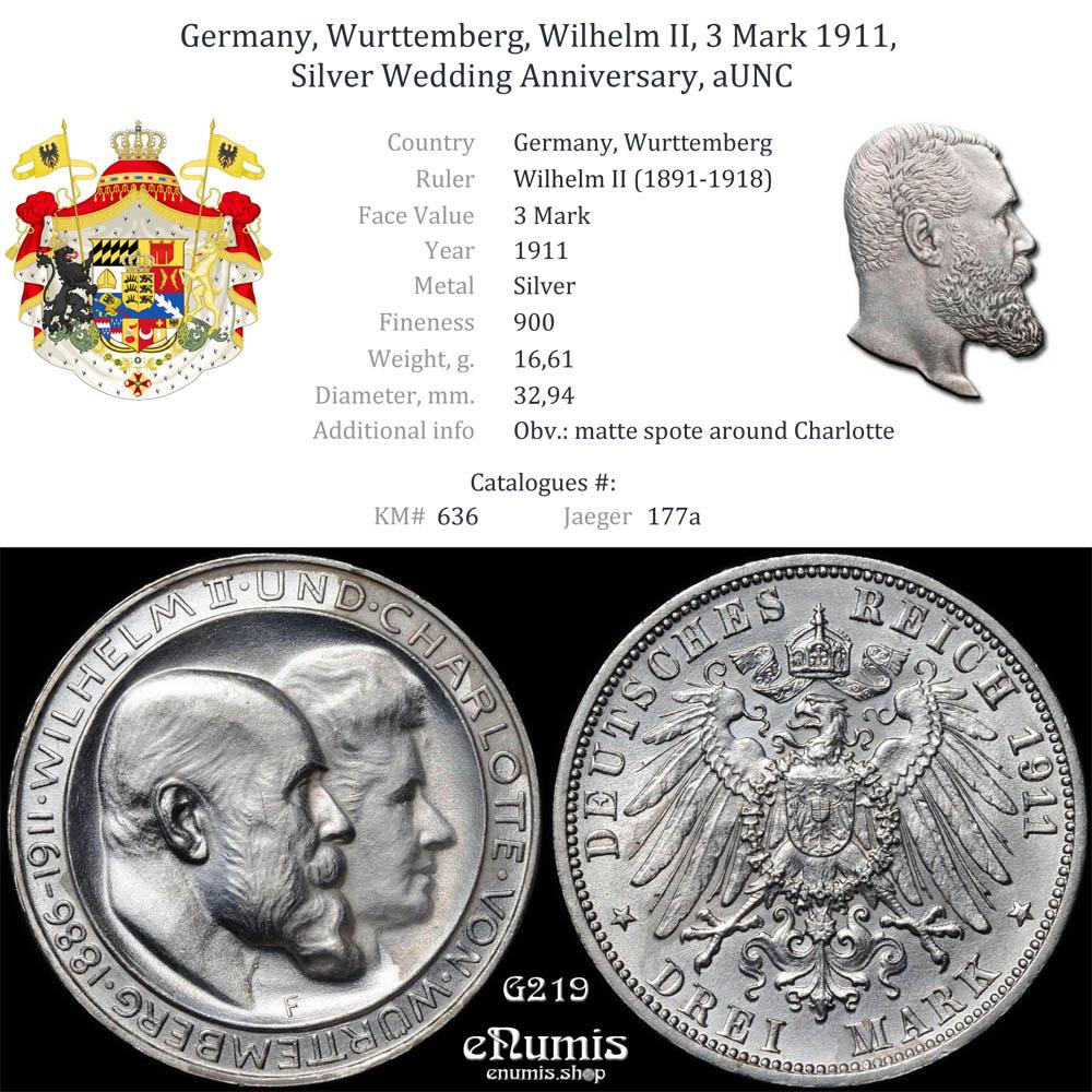 Germany, Wurttemberg, Wilhelm II, 3 Mark 1911, Silver Wedding Anniversary, aUNC Germany, Wurttemberg, Wilhelm II, 3 Mark 1911, Silver Wedding Anniversary, aUNC