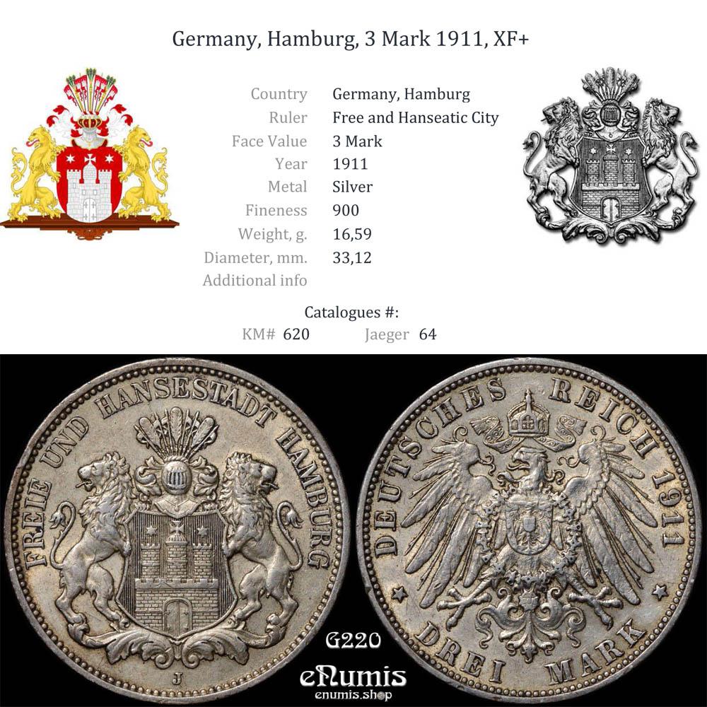 Germany, Hamburg, 3 Mark 1911, XF+