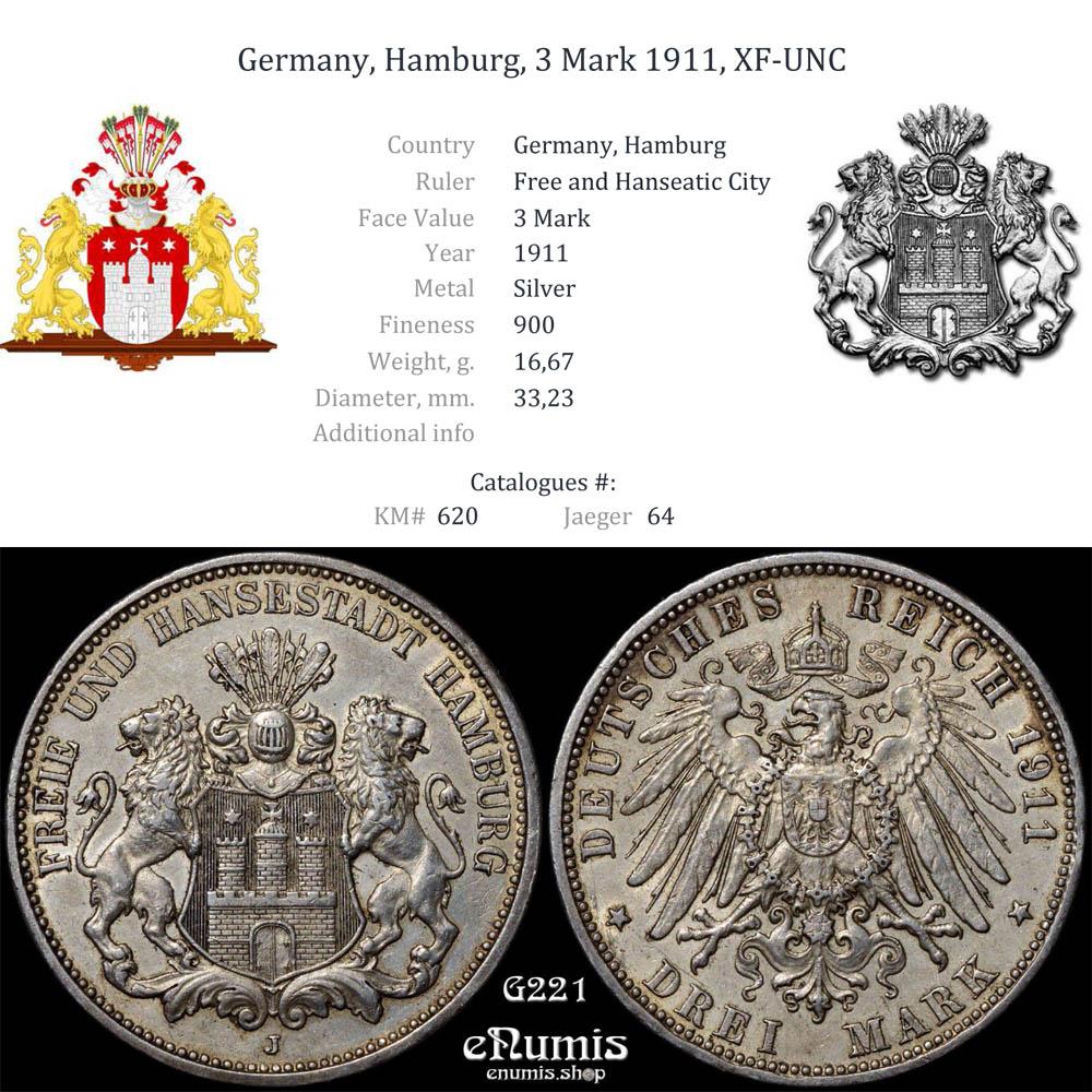 Germany, Hamburg, 3 Mark 1911, XF-UNC