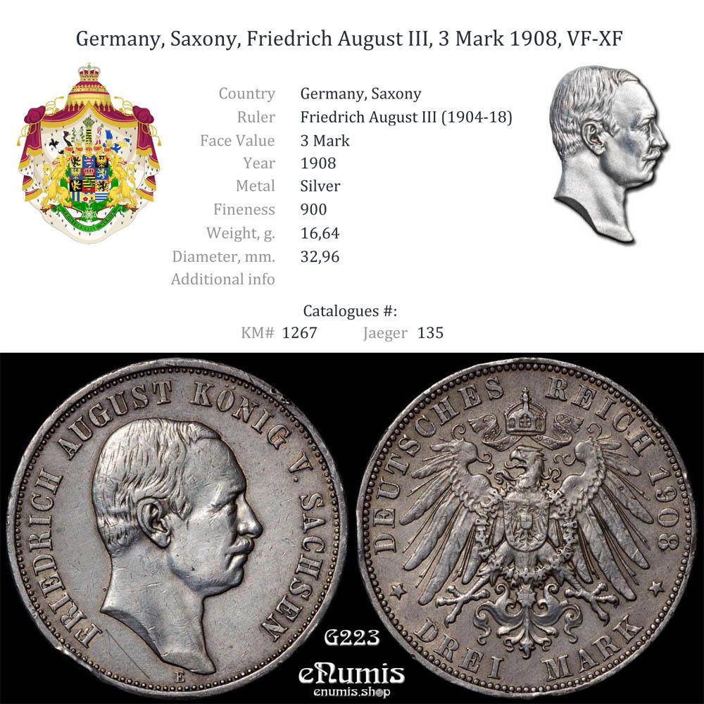Germany, Saxony, Friedrich August III, 3 Mark 1908, VF-XF