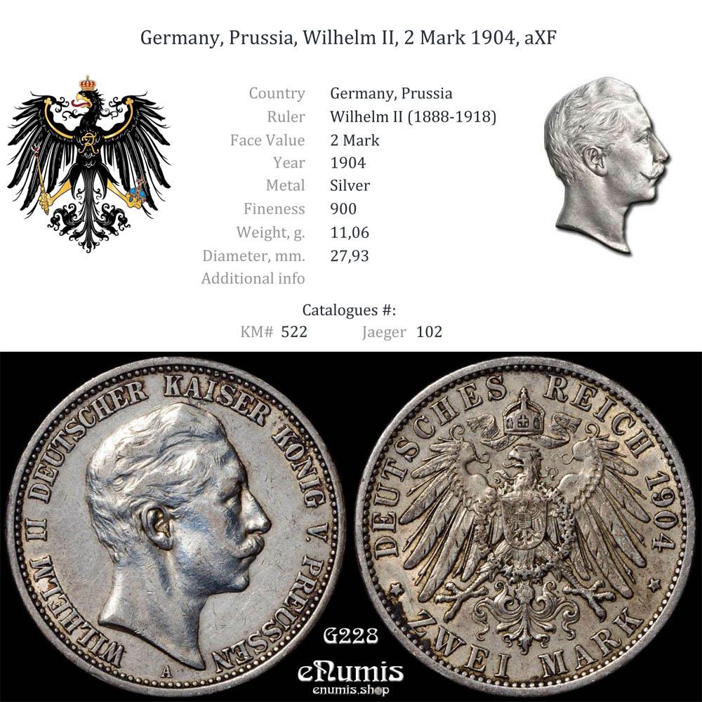 Germany, Prussia, Wilhelm II, 2 Mark 1904, aXF