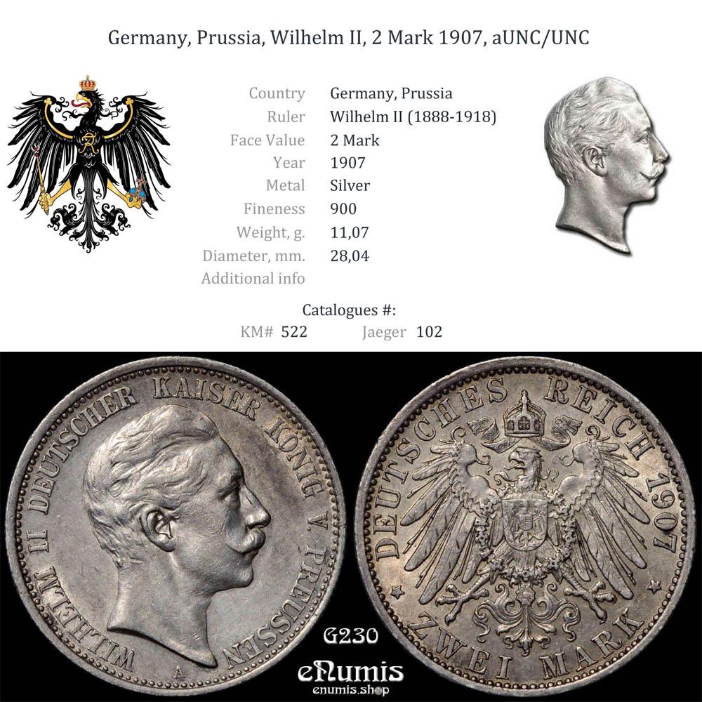 Germany, Prussia, Wilhelm II, 2 Mark 1907, aUNC/UNC
