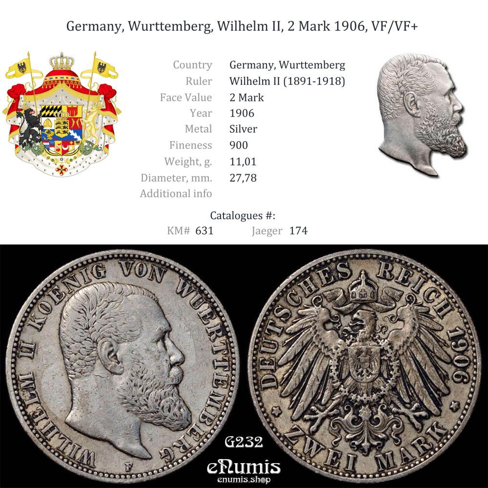 Germany, Wurttemberg, Wilhelm II, 2 Mark 1906, VF/VF+