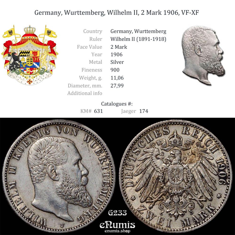Germany, Wurttemberg, Wilhelm II, 2 Mark 1906, VF-XF Germany, Wurttemberg, Wilhelm II, 2 Mark 1906, VF-XF