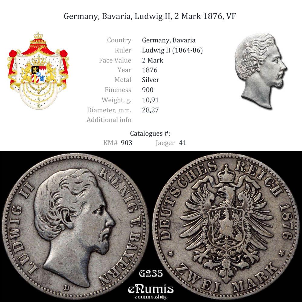Germany, Bavaria, Ludwig II, 2 Mark 1876, VF
