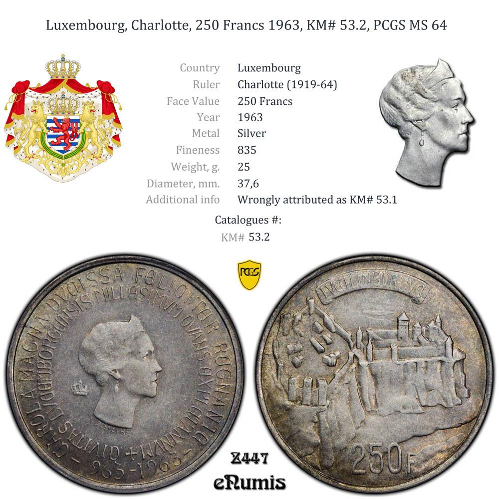 Luxembourg, Charlotte, 250 Francs 1963, KM# 53.2, PCGS MS 64
