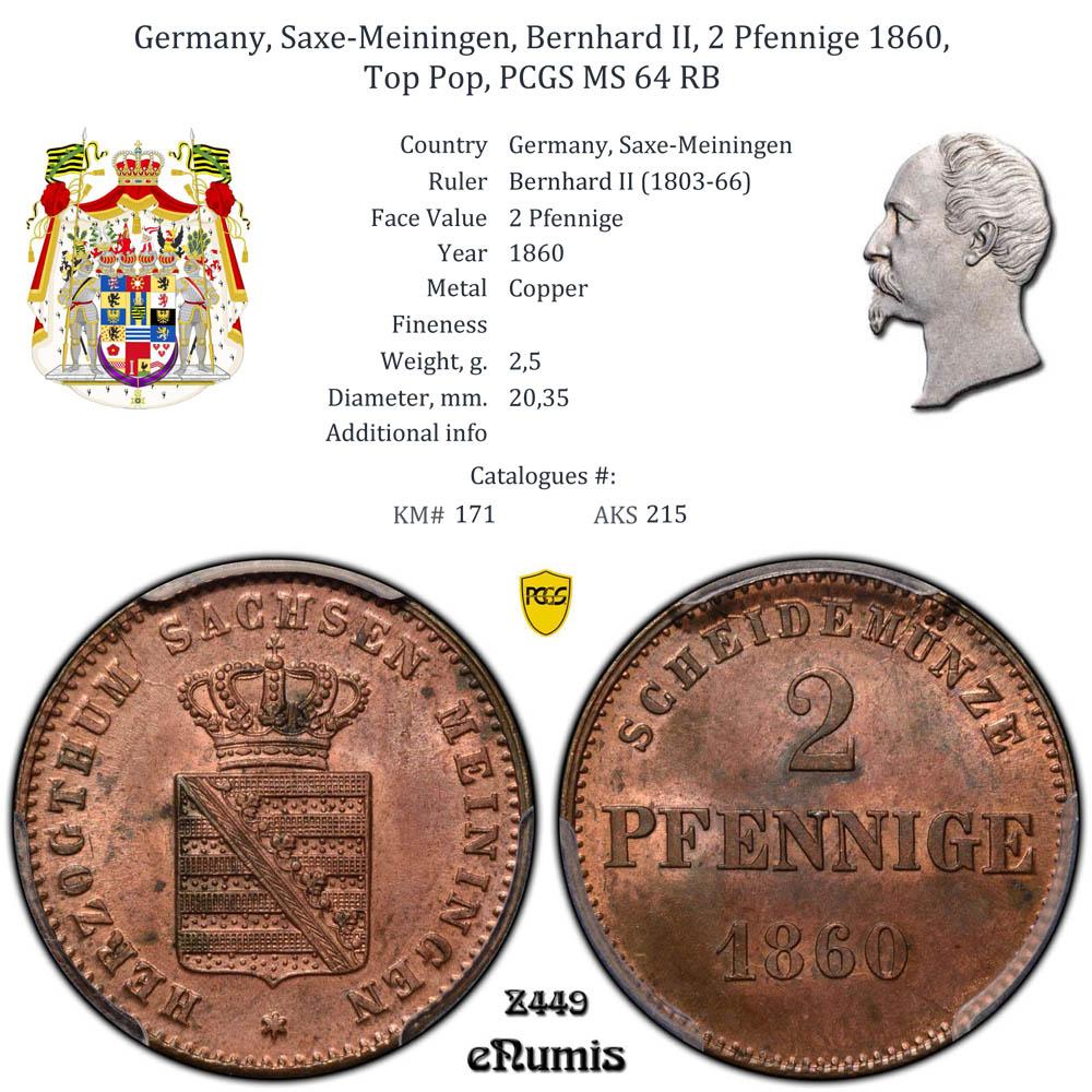 Germany, Saxe-Meiningen, Bernhard II, 2 Pfennige 1860, Top Pop, PCGS MS 64 RB