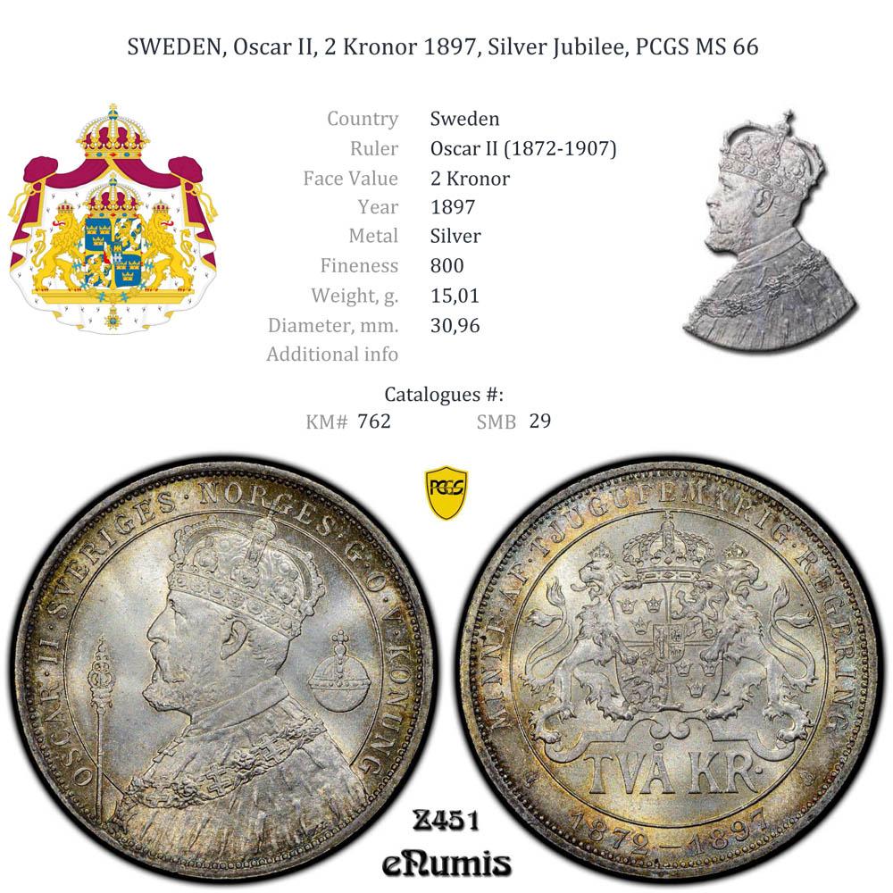 SWEDEN, Oscar II, 2 Kronor 1897, Silver Jubilee, PCGS MS 66