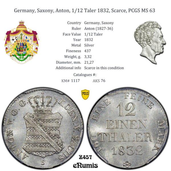 Germany, Saxony, Anton, 1/12 Taler 1832, Scarce, PCGS MS 63