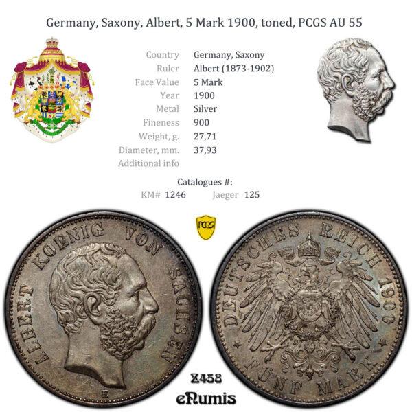 Germany, Saxony, Albert, 5 Mark 1900, toned, PCGS AU 55 • 👍