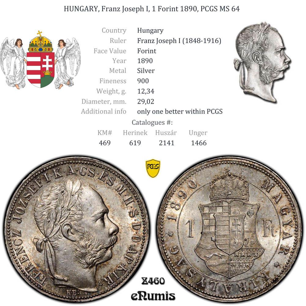 HUNGARY, Franz Joseph I, 1 Forint 1890, PCGS MS 64