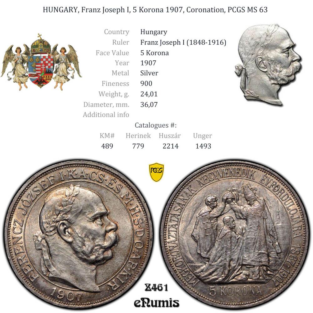 HUNGARY, Franz Joseph I, 5 Korona 1907, Coronation, PCGS MS 63