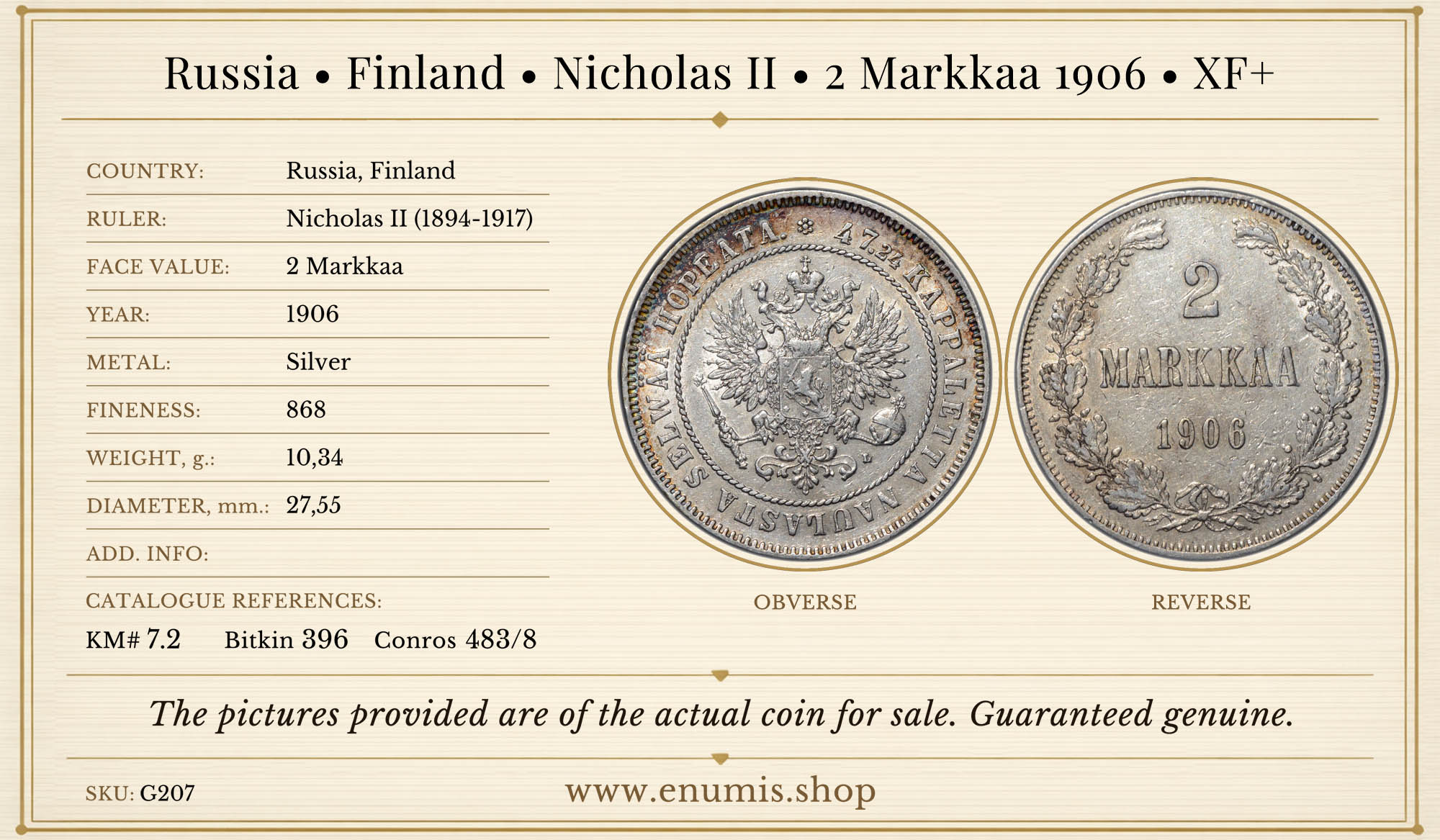 Russia, Finland, Nicholas II, 2 Markkaa 1906, XF+