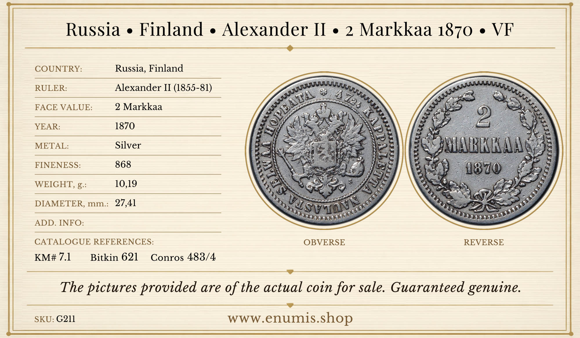 Russia, Finland, Alexander II, 2 Markkaa 1870, VF
