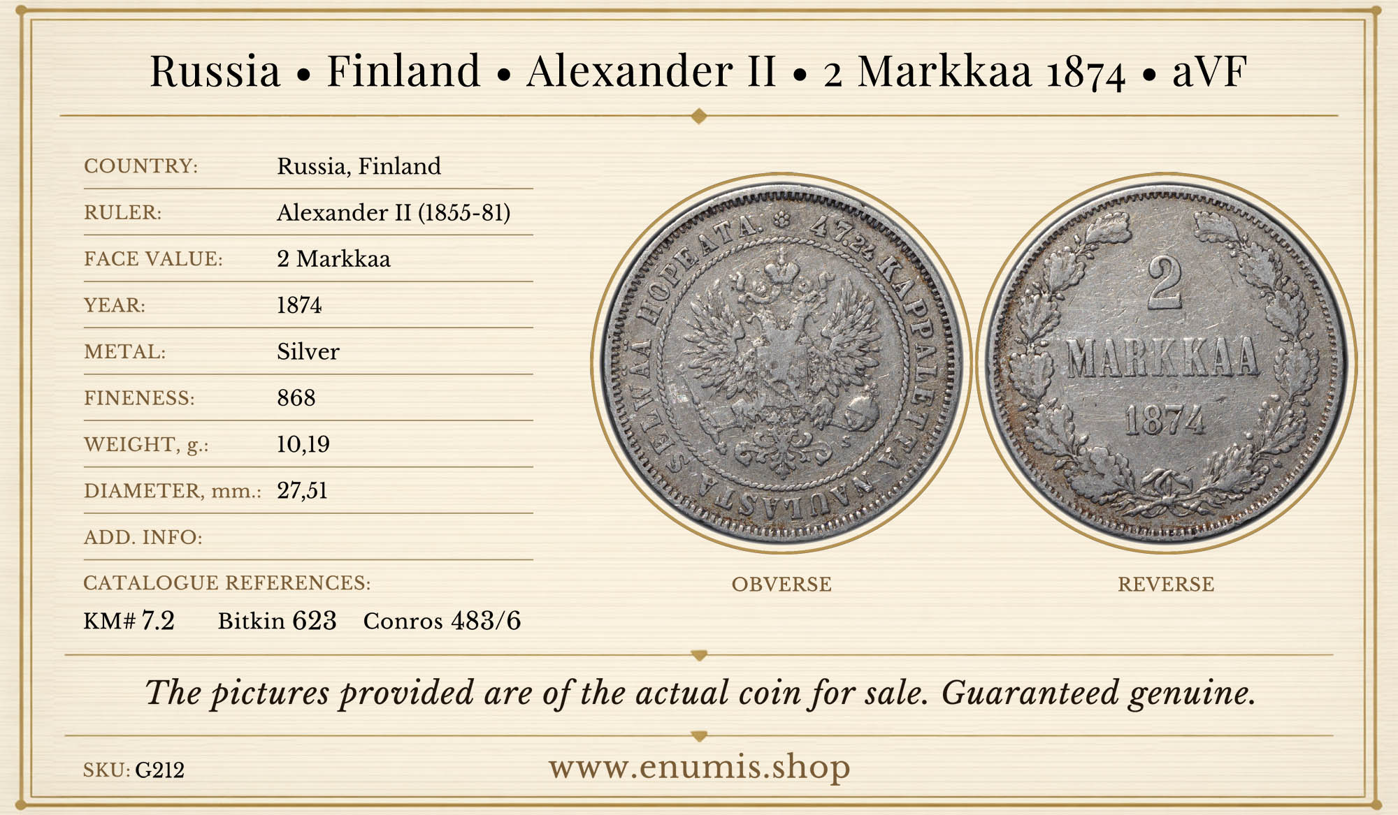 Russia, Finland, Alexander II, 2 Markkaa 1874, aVF