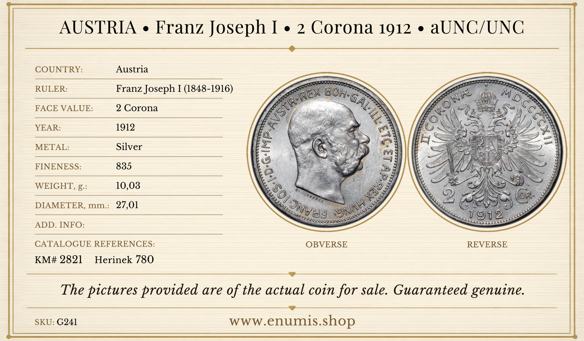 AUSTRIA, Franz Joseph I, 2 Corona 1912, aUNC/UNC