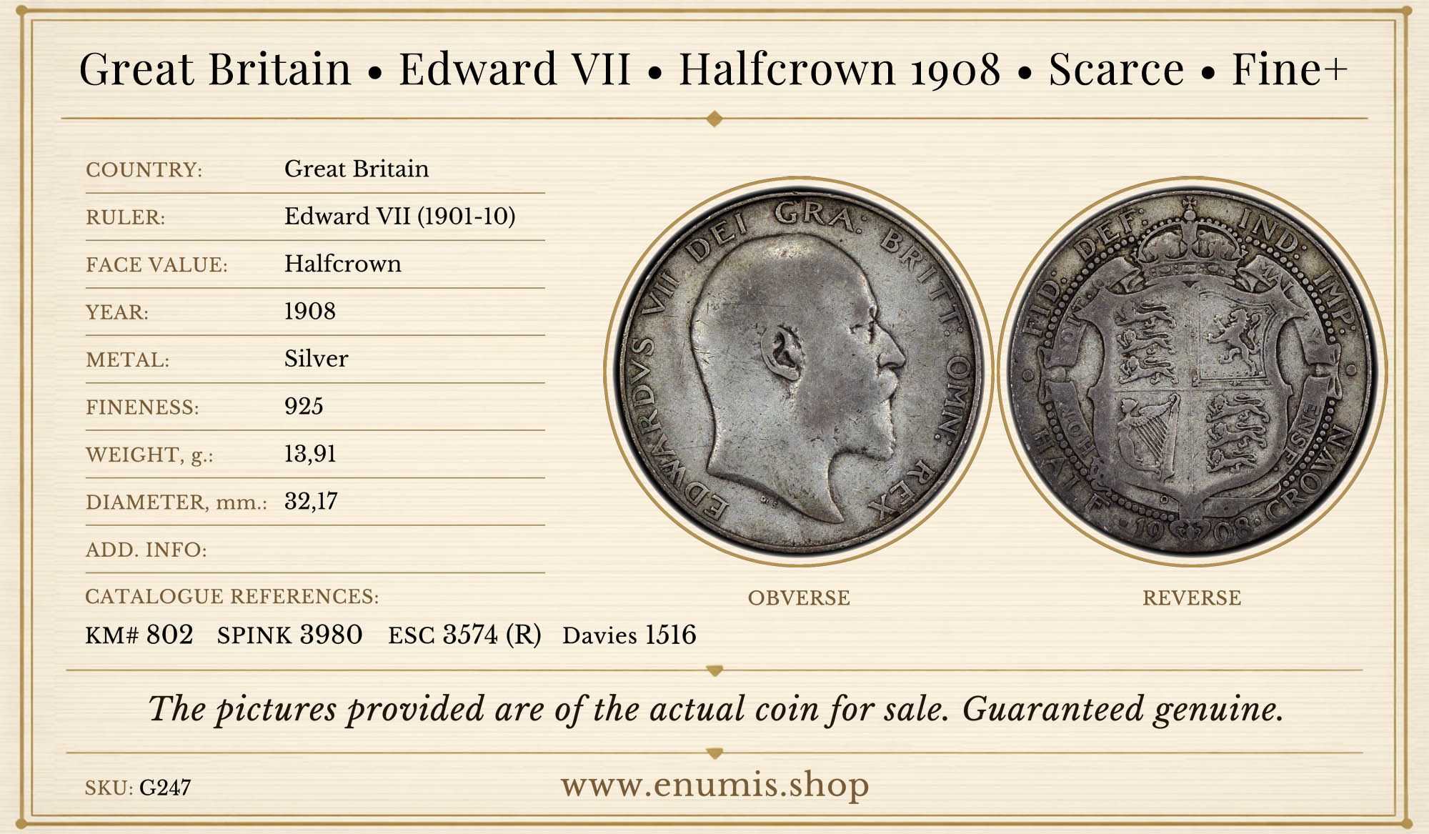 Great Britain, Edward VII, Halfcrown 1908, Scarce, Fine+ Great Britain, Edward VII, Halfcrown 1908, Scarce, Fine+