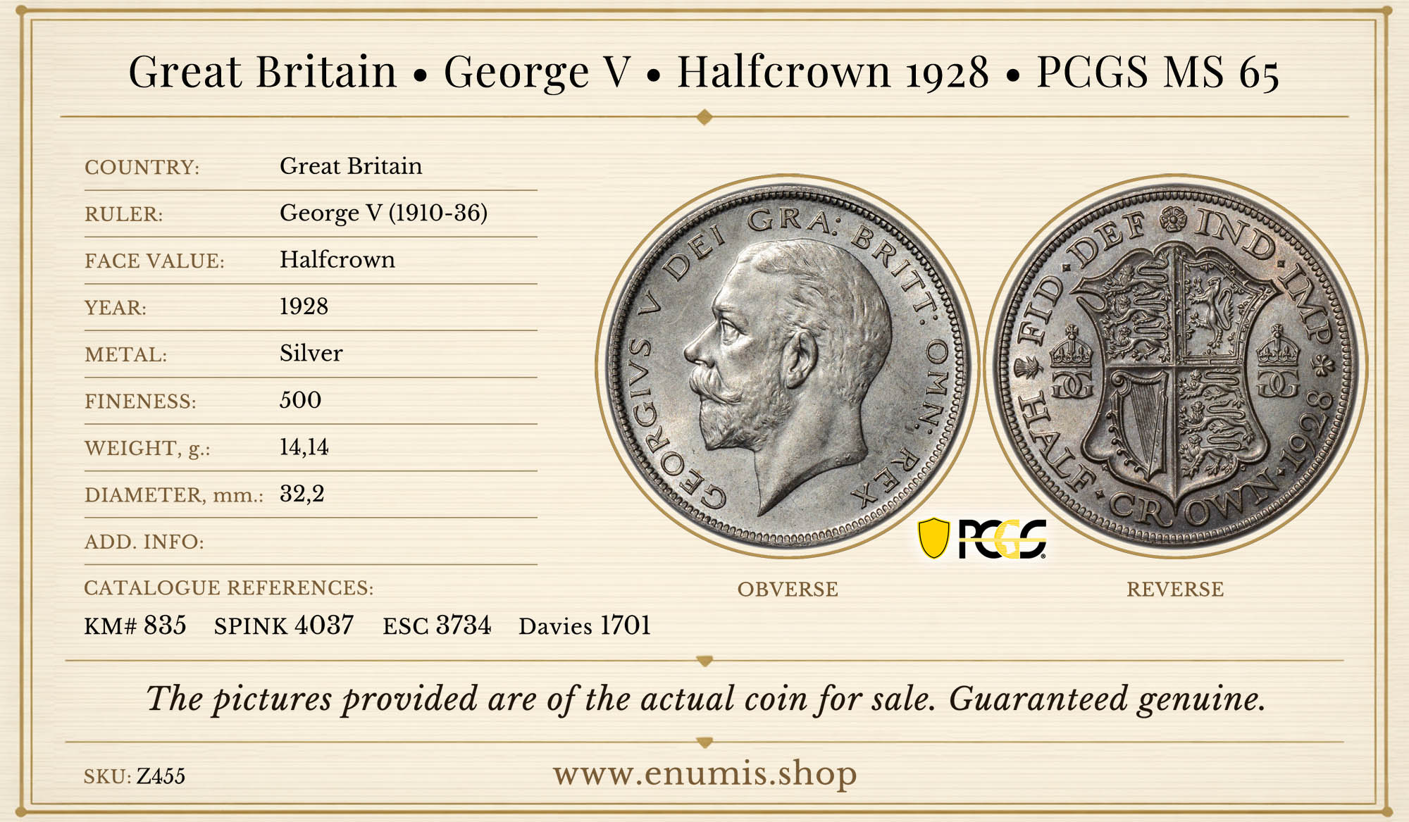 Great Britain, George V, Halfcrown 1928, PCGS MS 65