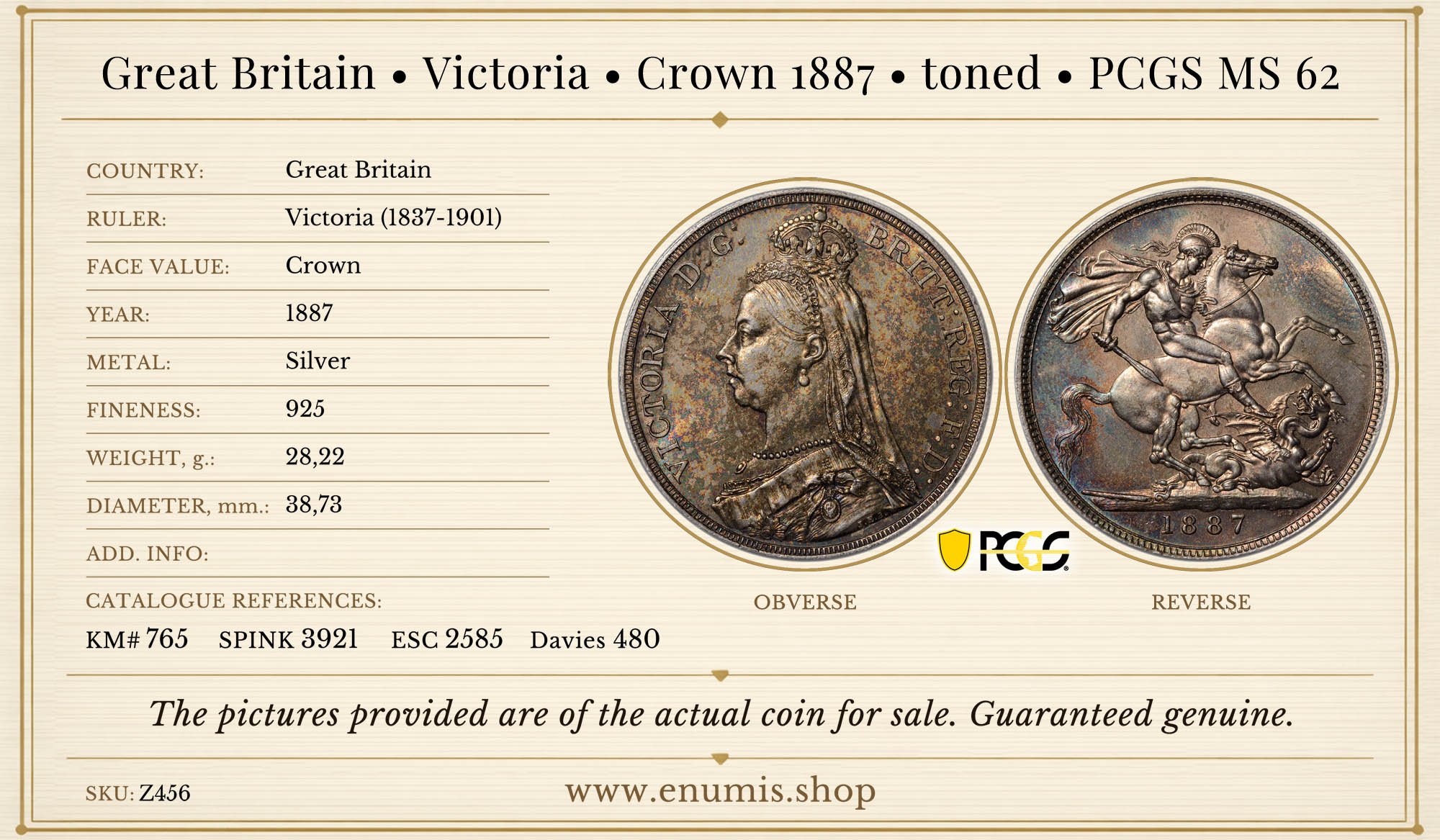 Great Britain, Victoria, Crown 1887, toned, PCGS MS 62 Great Britain, Victoria, Crown 1887, toned, PCGS MS 62