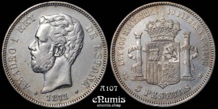 SPAIN, Amadeo I, 5 Pesetas 1871 SD-M, VF+/aXF