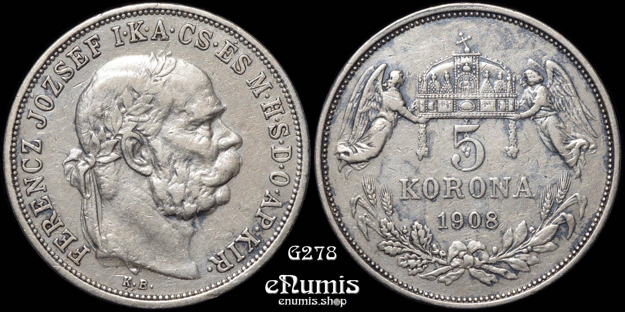 HUNGARY, Franz Joseph I, 5 Korona 1908, VF