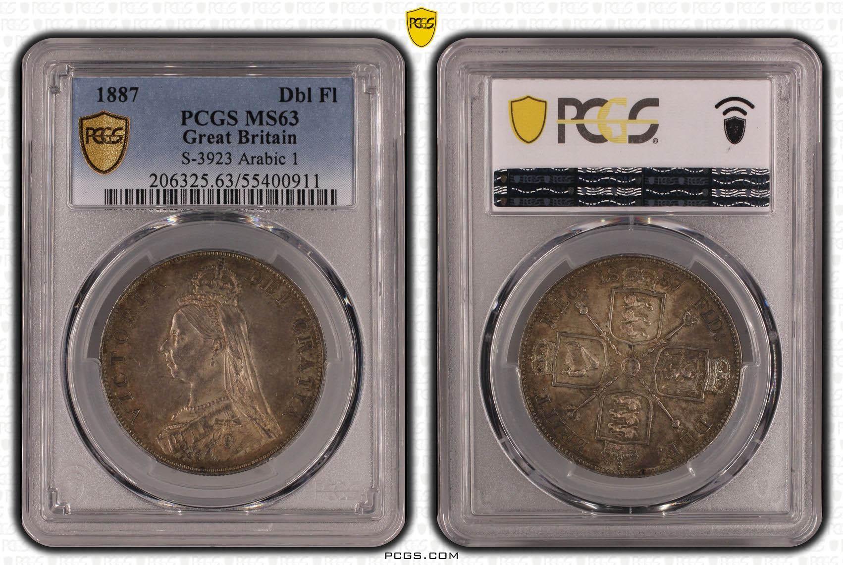 Great Britain, Victoria, Double Florin 1887, Arabic 1, PCGS MS 63