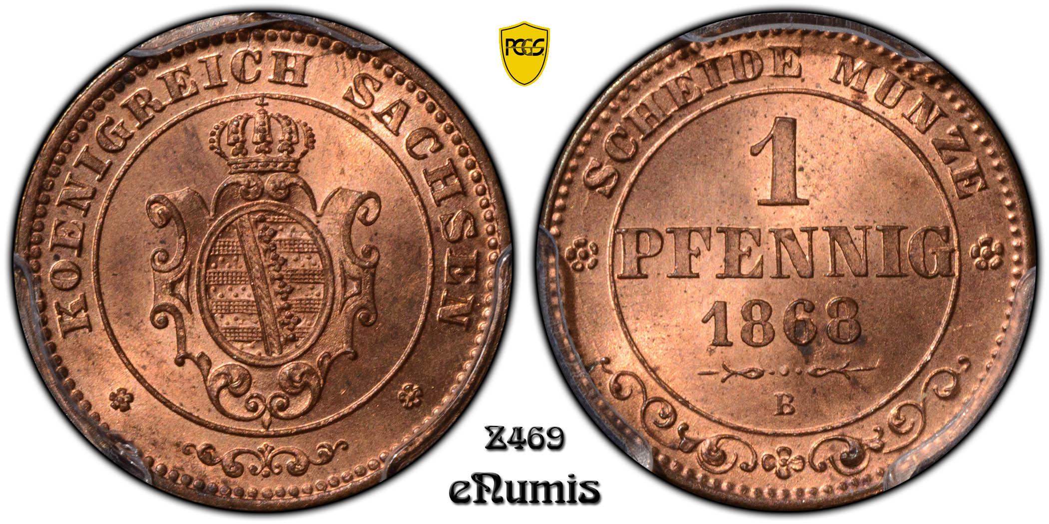 Germany, Saxony, Johann, 1 Pfennig 1868, PCGS MS 64 RD Germany, Saxony, Johann, 1 Pfennig 1868, PCGS MS 64 RD