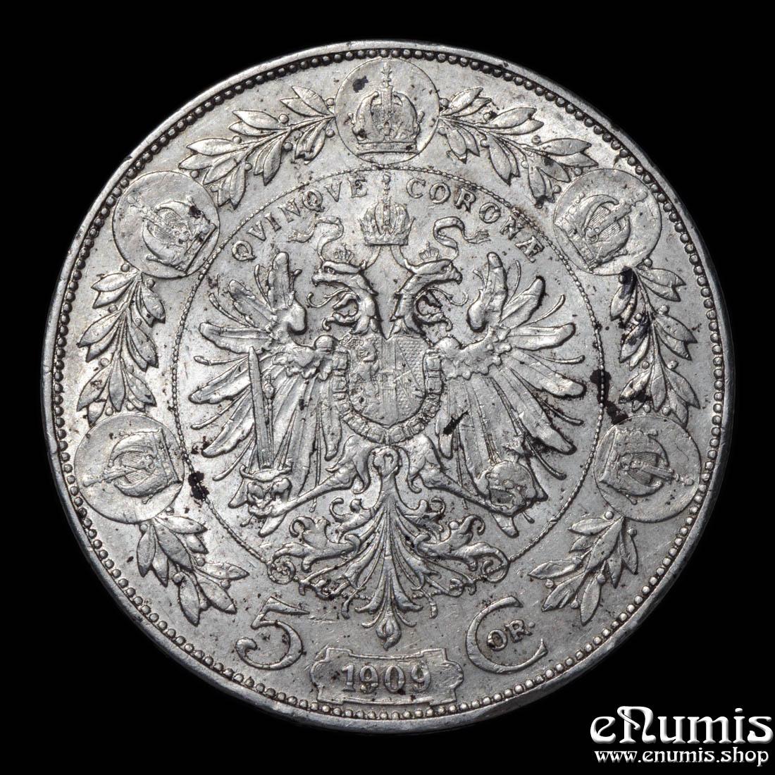 AUSTRIA, Franz Joseph I, 5 Corona 1909, XF+/XF-UNC