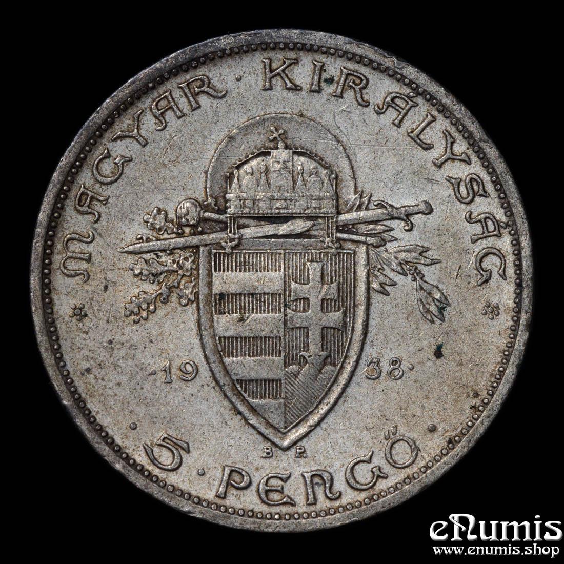 HUNGARY, 5 Pengo 1938, 900th Anniversary - Death of St. Stephan, XF-UNC HUNGARY, 5 Pengo 1938, 900th Anniversary - Death of St. Stephan, XF-UNC