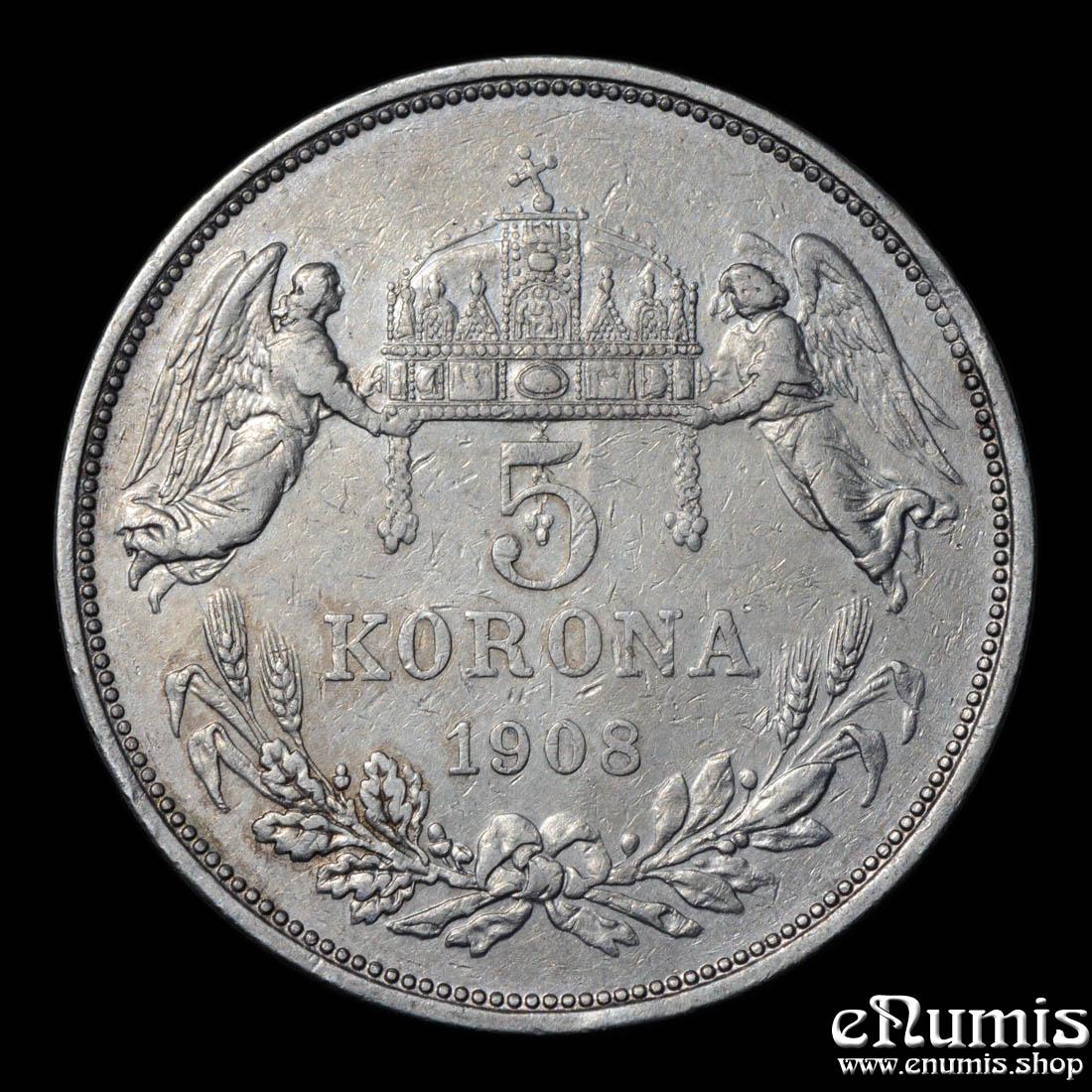 HUNGARY, Franz Joseph I, 5 Korona 1908, VF-XF