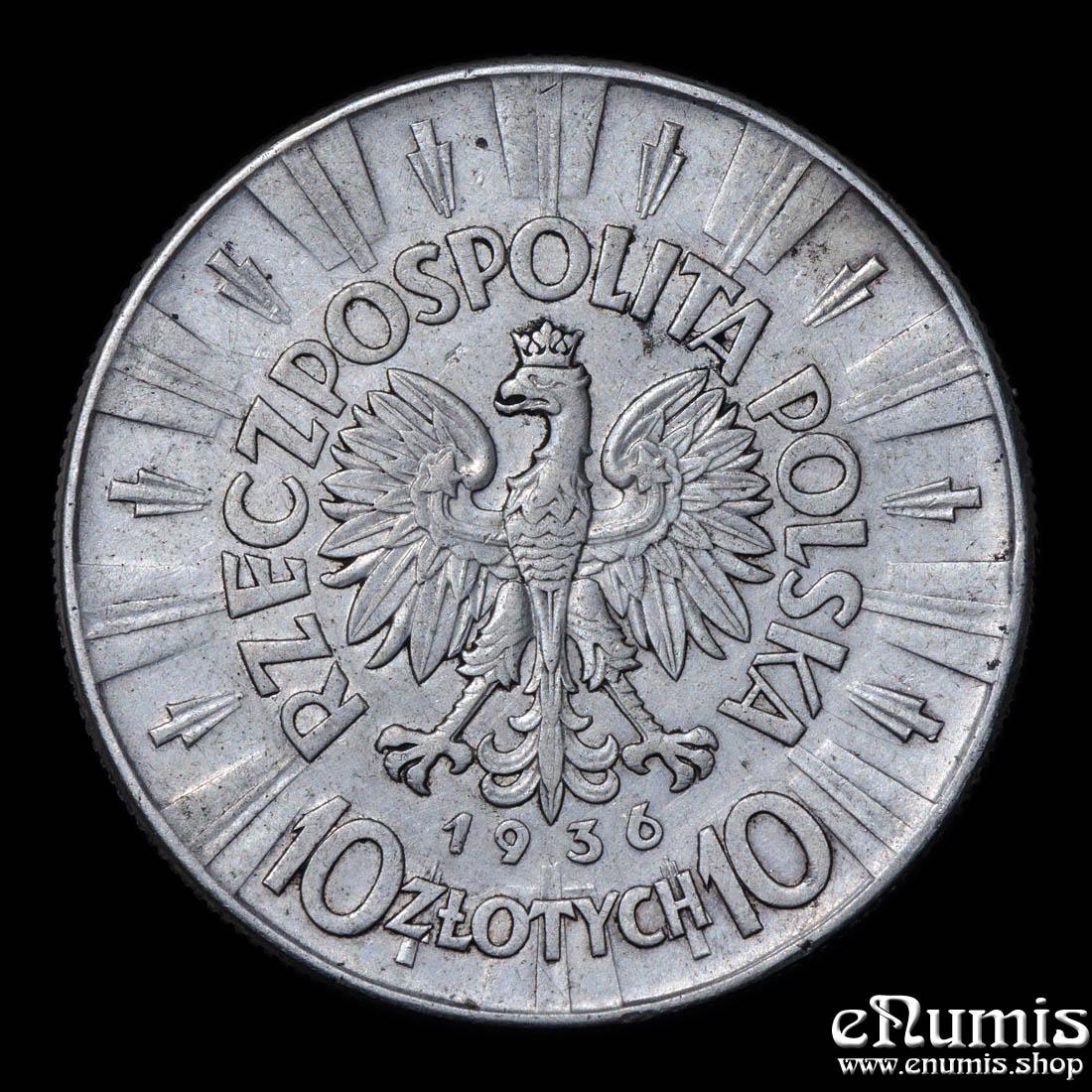 POLAND, 10 Zlotych 1936, Pilsudski, VF-XF