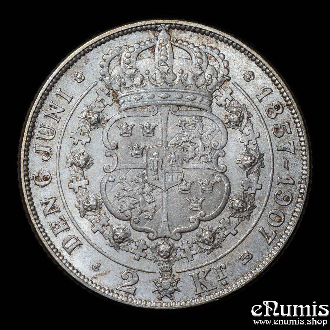 SWEDEN, Oscar II, 2 Kronor 1907, Golden Wedding Anniversary, UNC