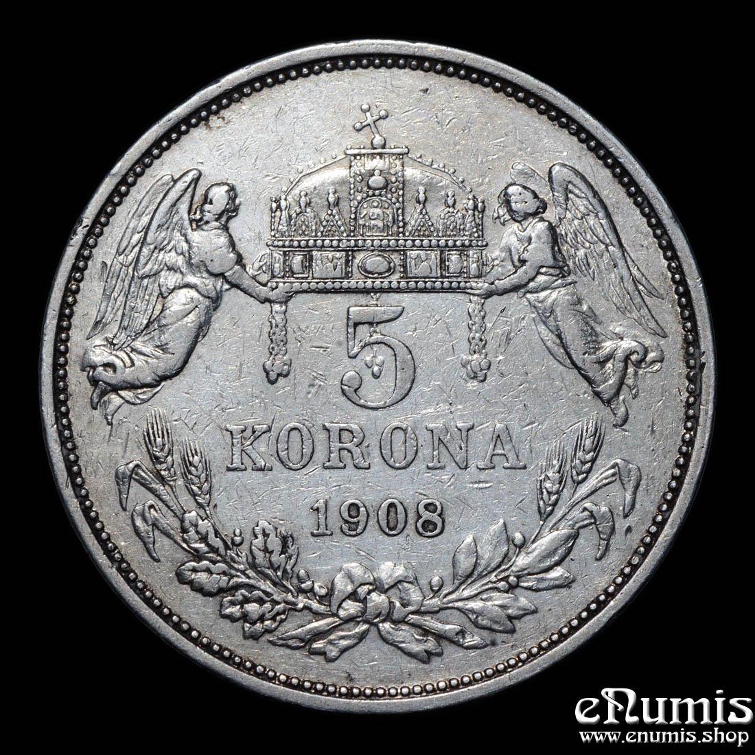 HUNGARY, Franz Joseph I, 5 Korona 1908, VF-XF HUNGARY, Franz Joseph I, 5 Korona 1908, VF-XF